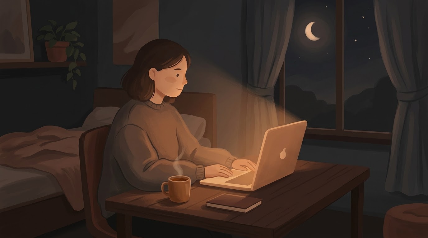 Ilustrasi seseorang mengutak-atik laptop larut malam dengan bulan terlihat di jendela