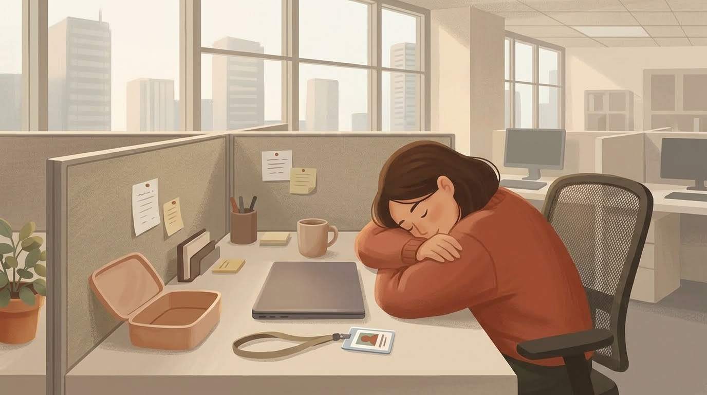 Ilustrasi seseorang tertidur di meja kerja saat jam istirahat siang